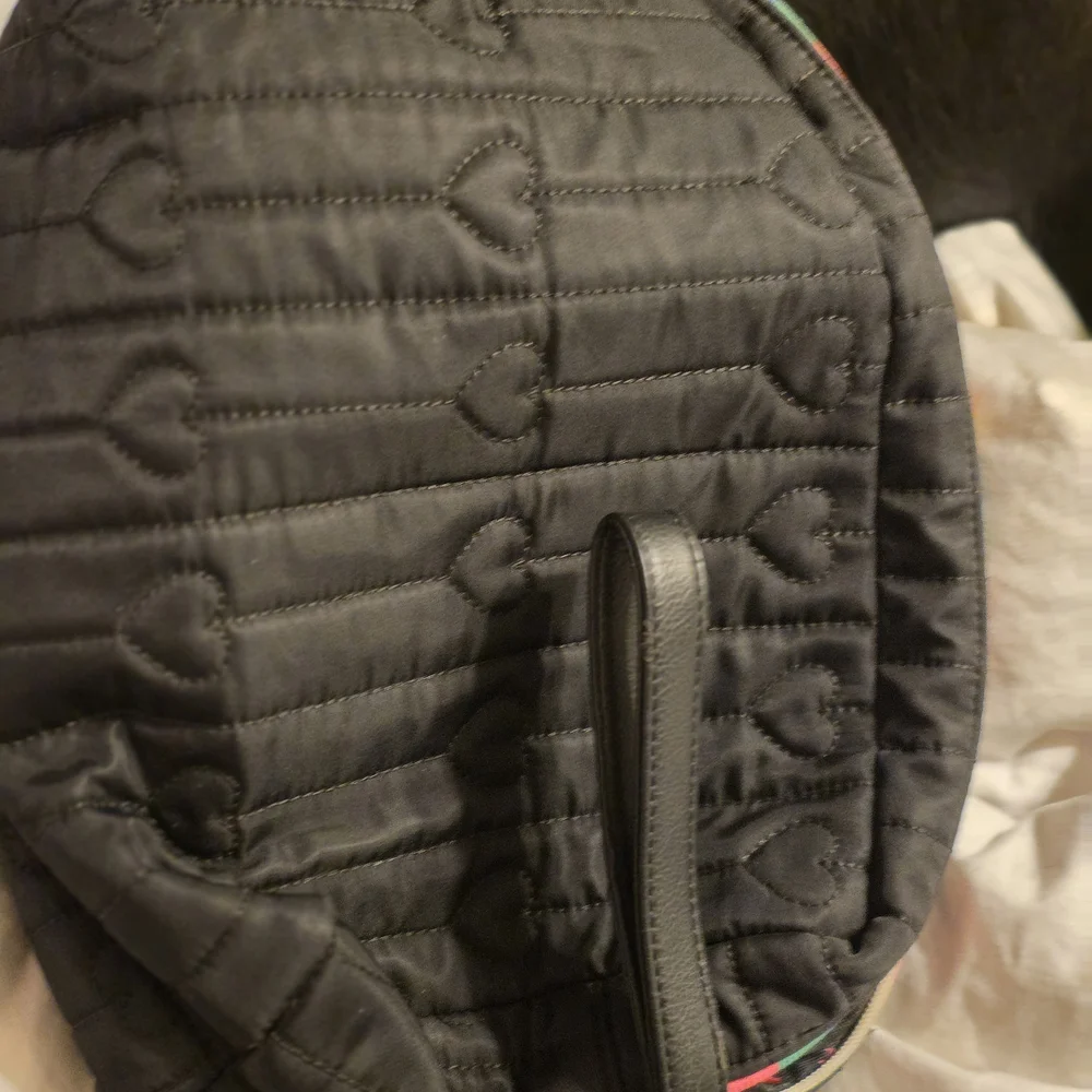 Betsey Johnson Black Quilted Heart Cosmetic Bag Rainbow Zipper
